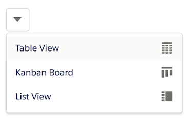 Screenshot of a dropdown menu showing three different display options for a list: 'Table View', 'Kanban Board', and 'List View'