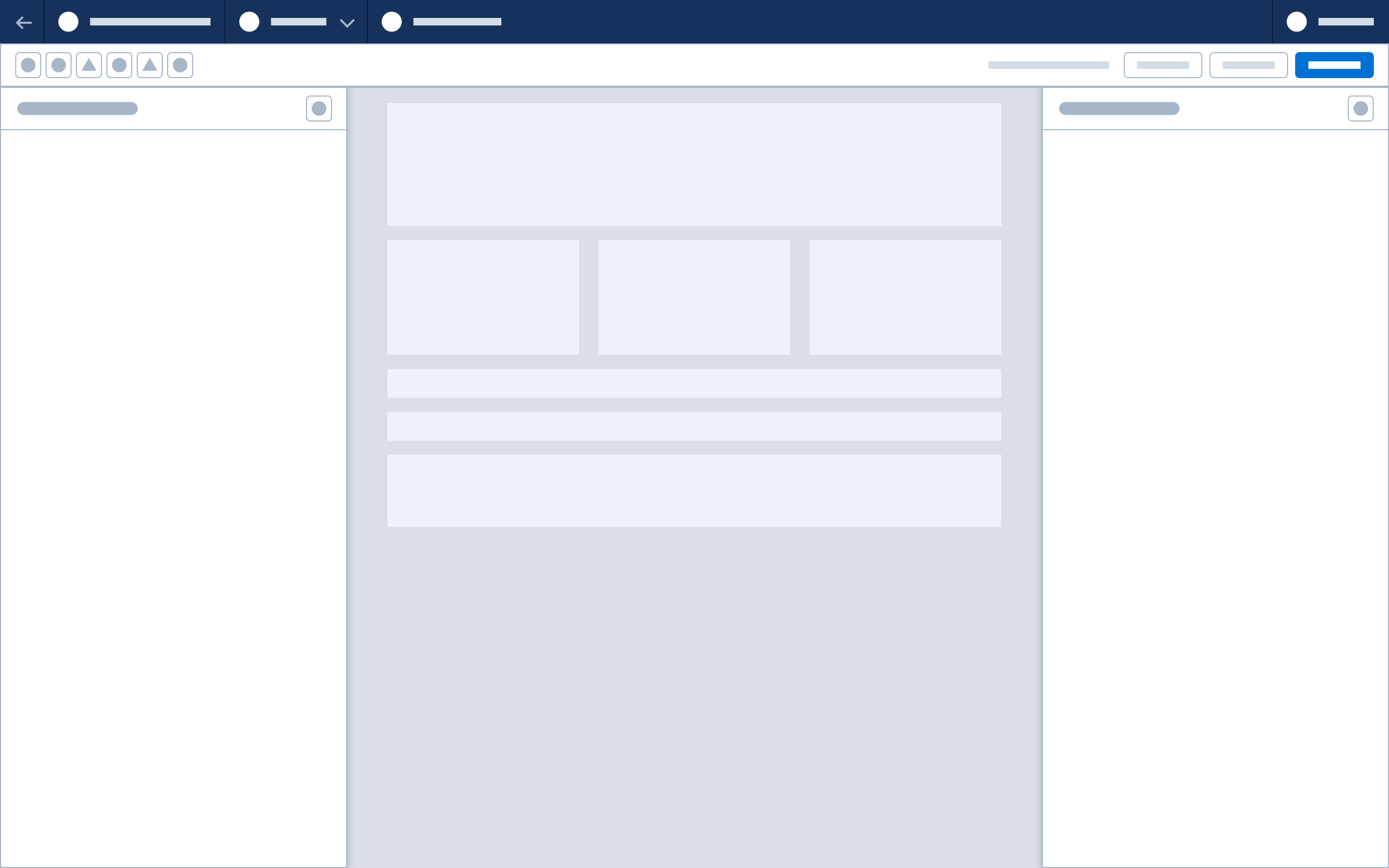 A wireframe showing a flexible panel configuration with header, canvas, rail, and floating panel