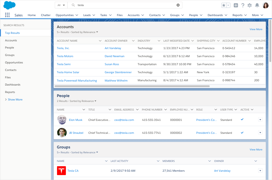 Top Results page showing various results with the word Salesforce highlighted in yellow